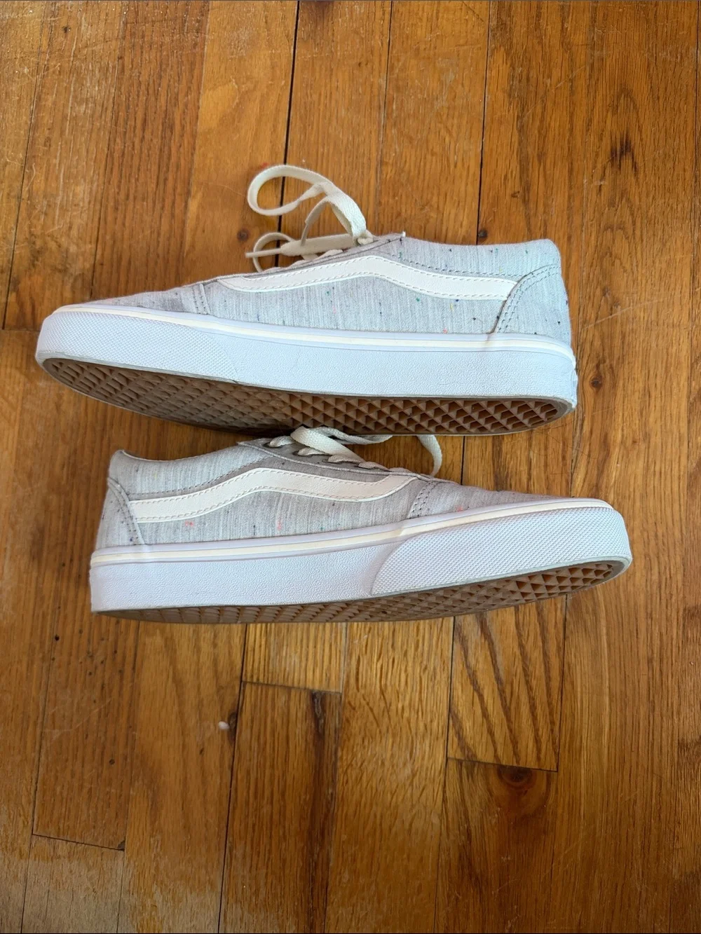 Women vans Light Gray Canvas Low-Top Sneakers with tan stripe. Colored speckled